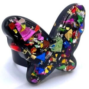 Black with Multicolor Confetti Glitter Chunky Butterfly Acrylic Ring Size 8